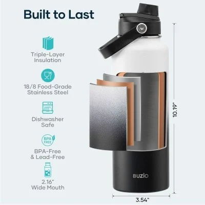 Buzio Duet Series Water Bottle with 2 Lids and Sleeve 1.2L - Black White